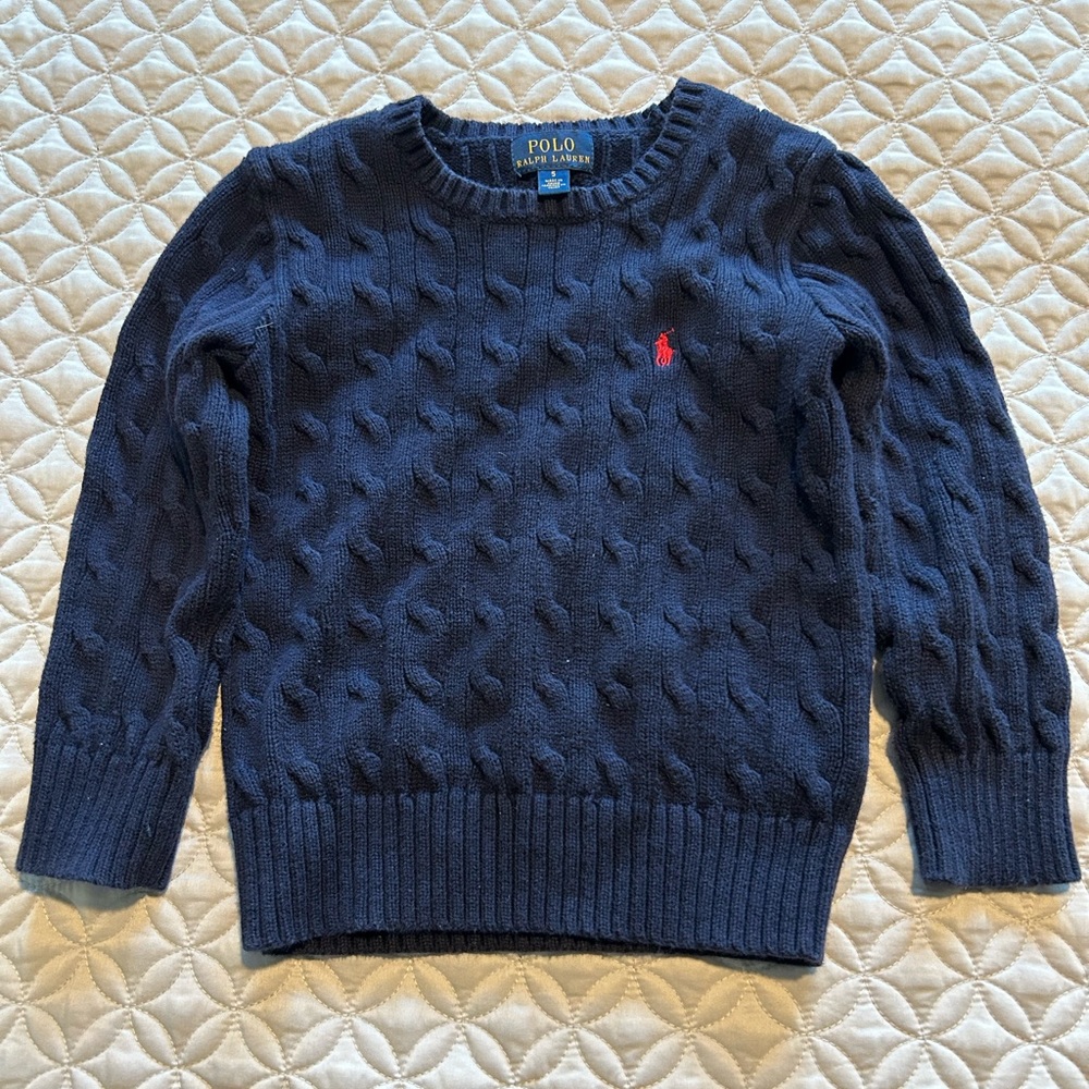 Boys navy blue cable knit sweater.  No snags signature red logo